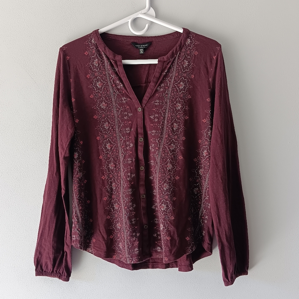Lucky Brand Long-Sleeved Cotton Blend V-Neck Shirt Floral Purple White Medium - Picture 13 of 14